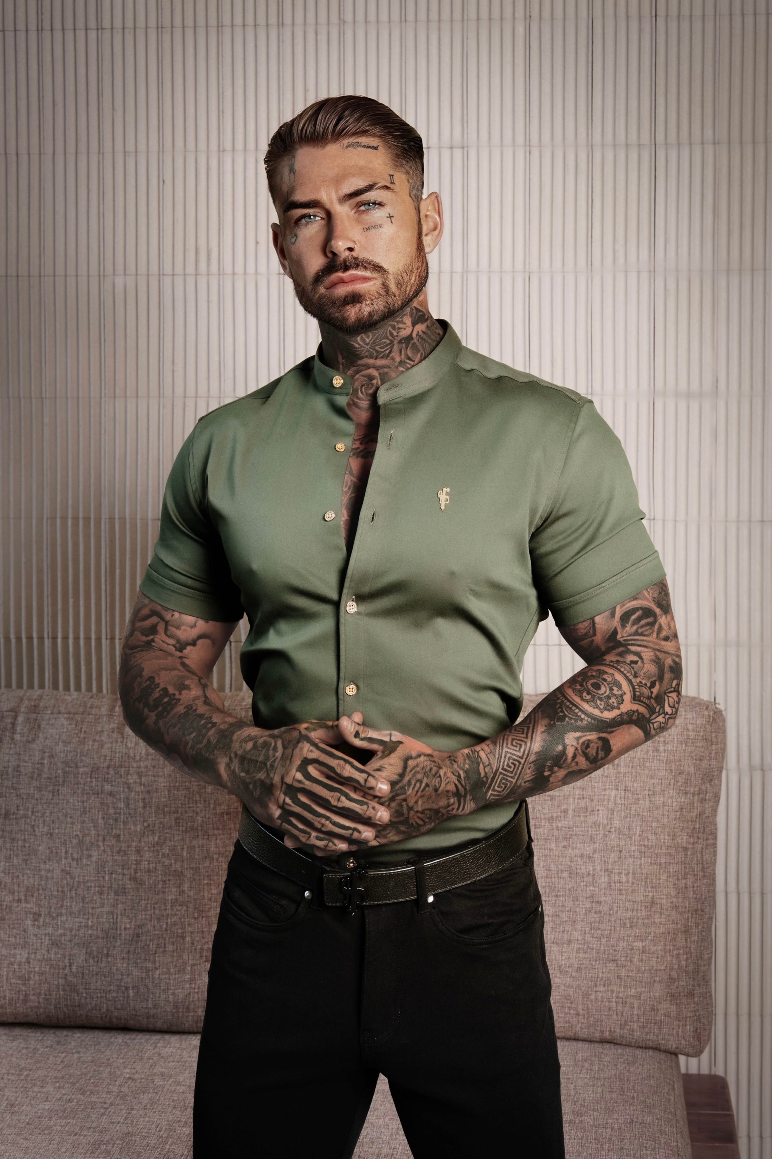 Father Sons Super Slim Stretch Khaki Denim Short Sleeve Grandad collar with Metal Buttons and Decal Emblem - FS716