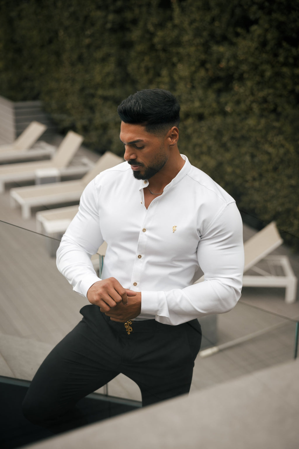 Father Sons Super Slim Stretch White Denim Long Sleeve Grandad collar with Metal Buttons and Decal Emblem - FS719