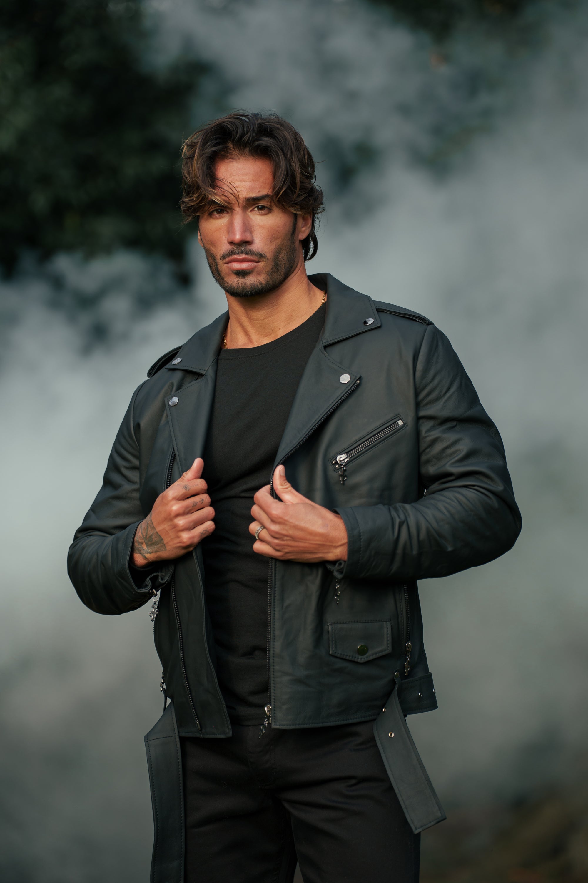 Father Sons Black Leather Jacket with Belt Detail - FSH313