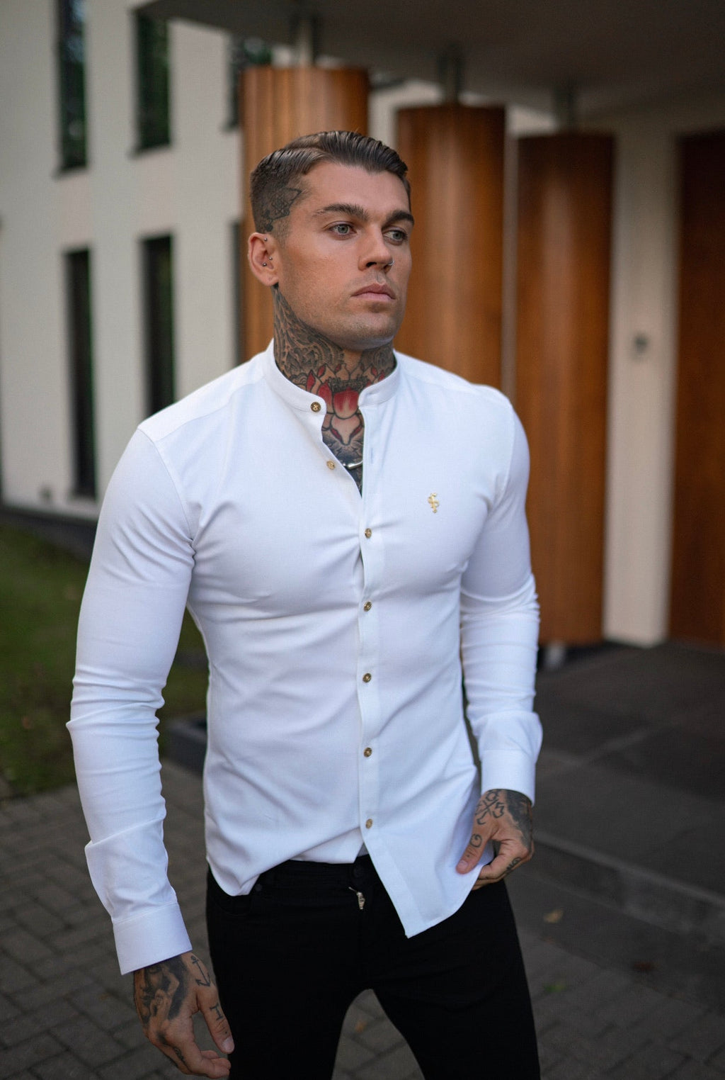 Father Sons Super Slim Stretch White Denim Long Sleeve Grandad collar with Metal Buttons and Decal Emblem - FS719