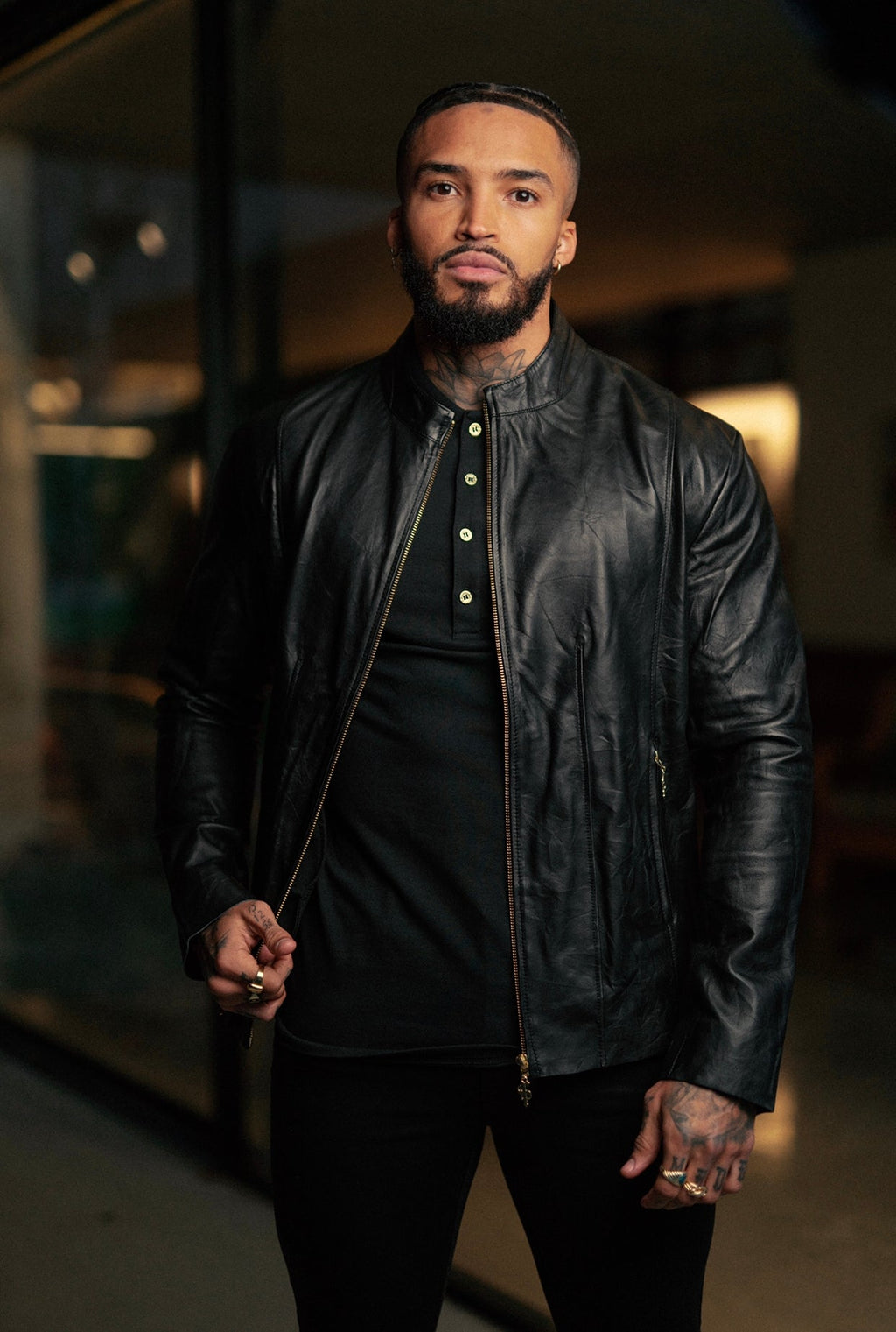 Father Sons Black Lambs Leather Jacket With Gold Zips - FSH610