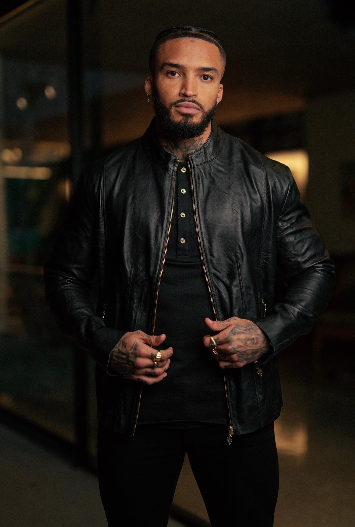 Father Sons Black Lambs Leather Jacket With Gold Zips - FSH610