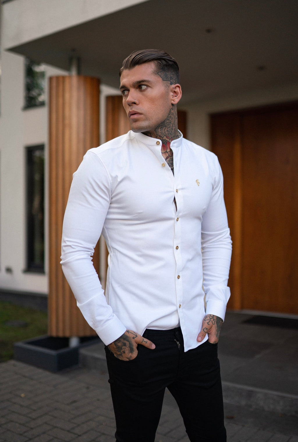Father Sons Super Slim Stretch White Denim Long Sleeve Grandad collar with Metal Buttons and Decal Emblem - FS719