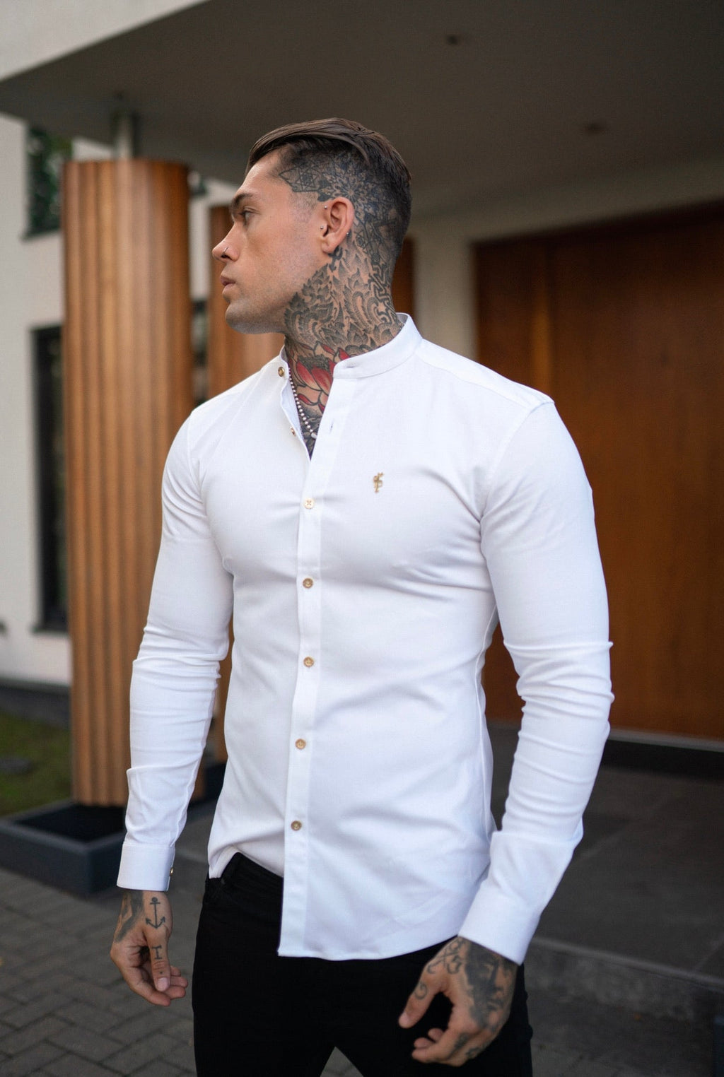 Father Sons Super Slim Stretch White Denim Long Sleeve Grandad collar with Metal Buttons and Decal Emblem - FS719