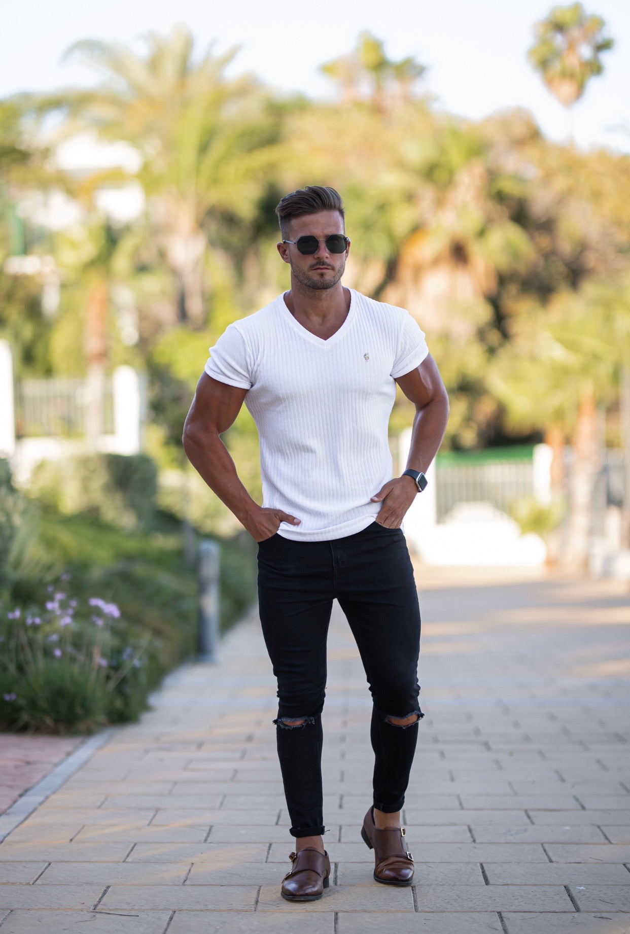 Father Sons Super Slim White / Gold V Neck Ribbed Crew - FSH498