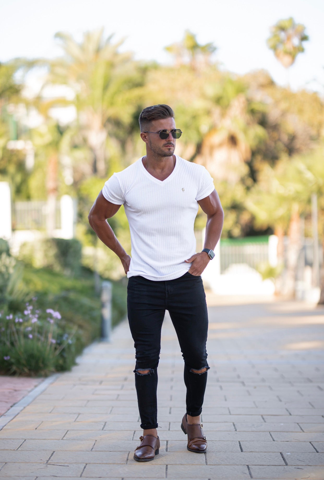 Father Sons Super Slim White / Gold V Neck Ribbed Crew - FSH498